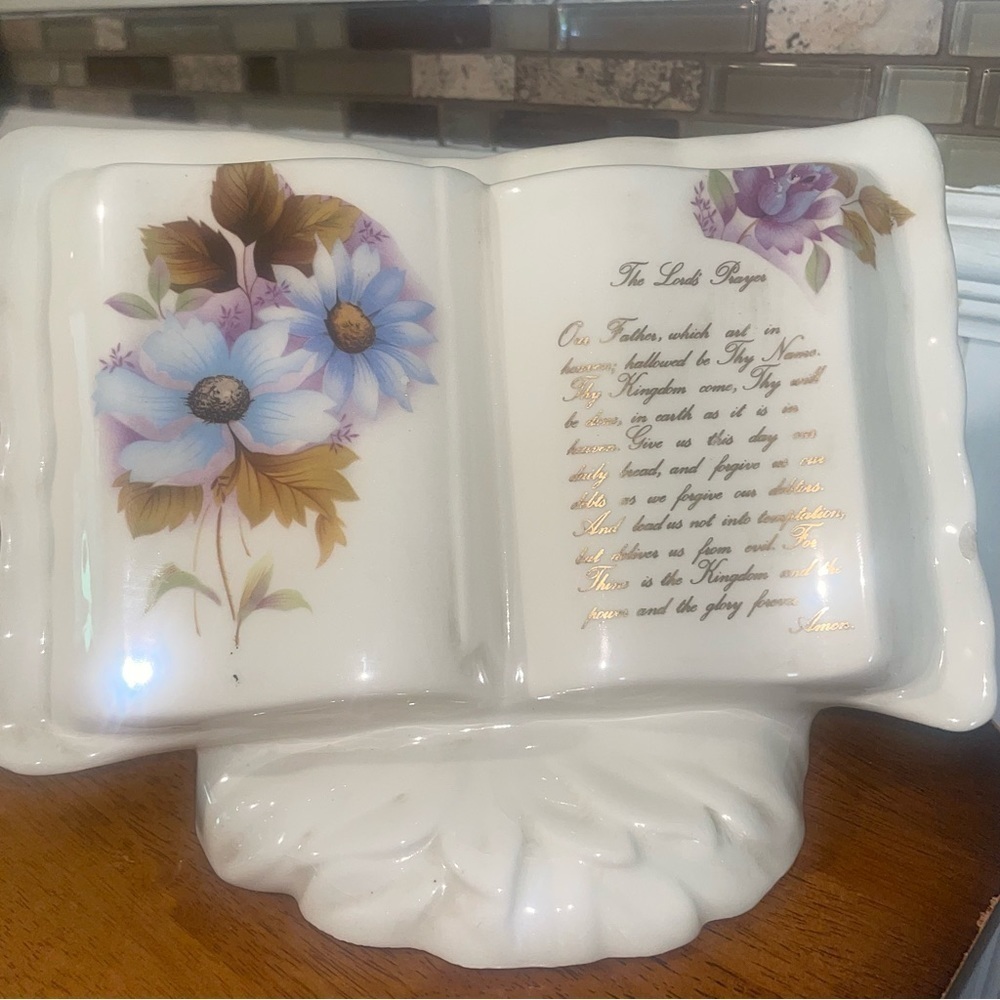 CERAMIC Prayer Book Ivory Planter
Vase "The Lord's Prayer" w/ Colorful Flowers